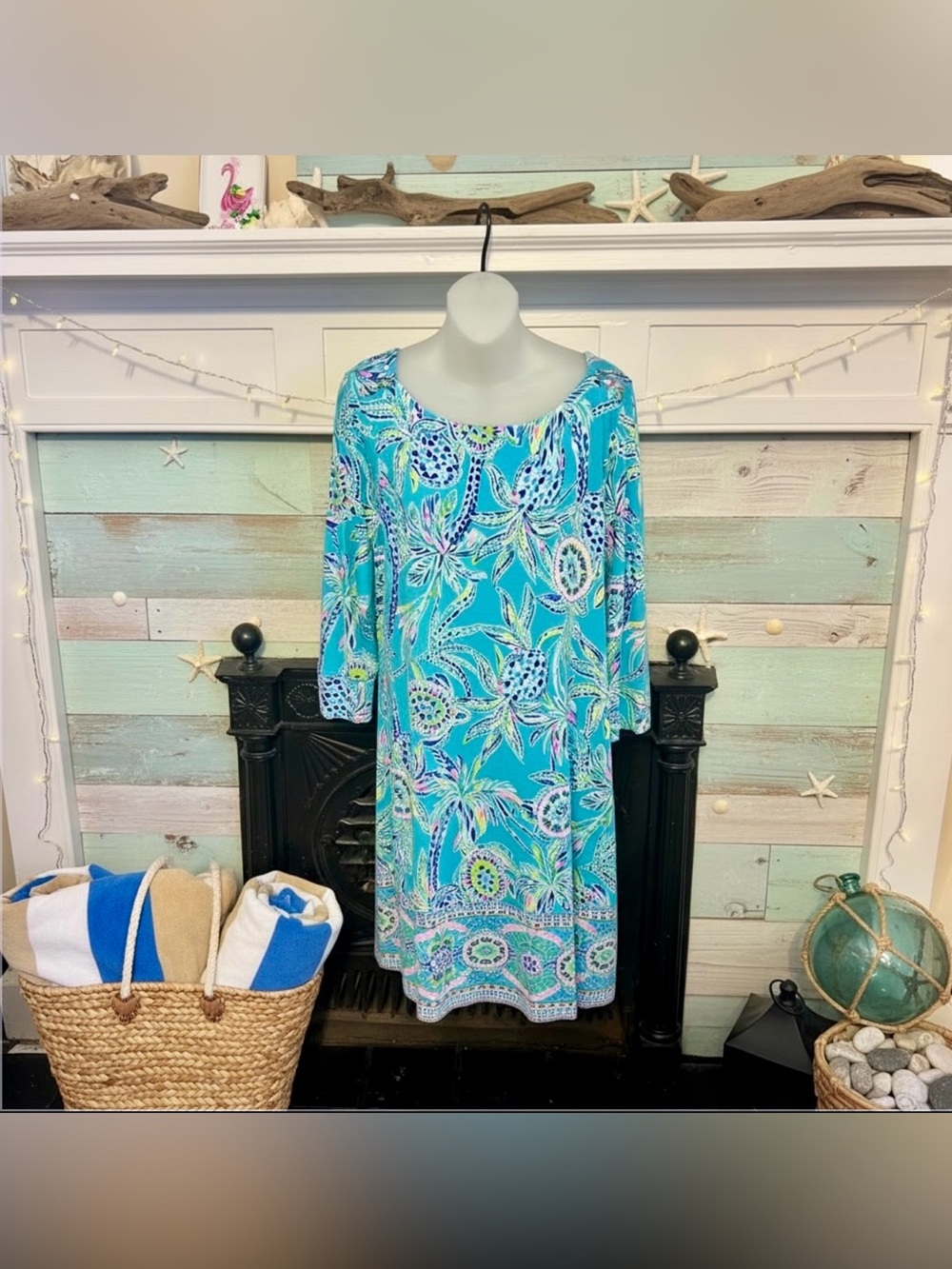 Lilly Pulitzer UPF 50+ Sophie Dress 3/4 Sleeves Bermuda Blue Turtle Cruise